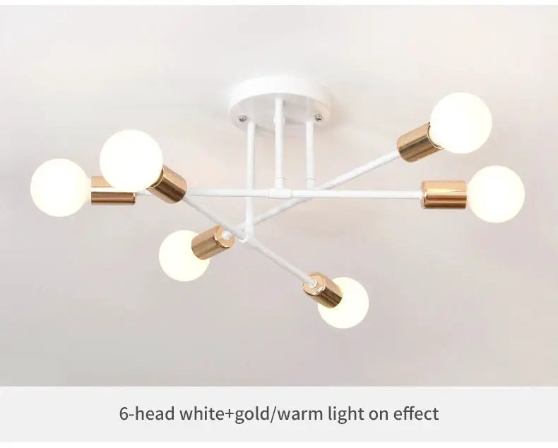 6-head white and gold ceiling lamp by Simples Market with warm LED bulbs