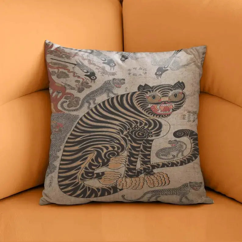 Tiger pillow cover by Simples Market, gray fabric with bold black striped tiger design.