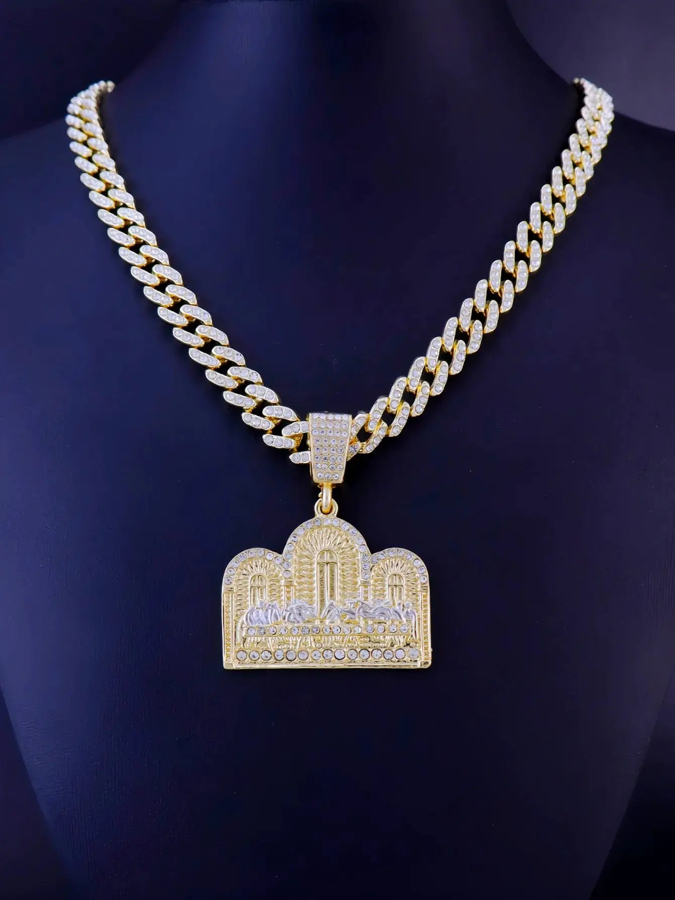 14K Gold tone Last Supper Round Medallion Necklace With Cuban Chain And Figaro Cross Charm For Hip Hop Punk Style