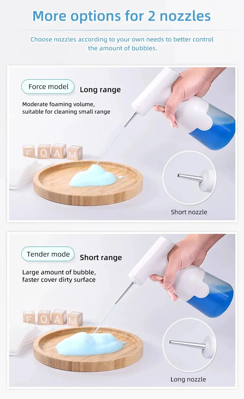 HOMEFISH electric foam dispenser gun by Simples Market; white and blue unit with dual long and short nozzles