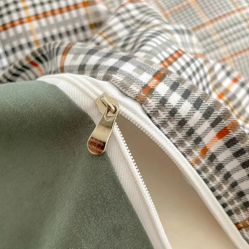 Simples Market Nordic plaid cotton bedding set with duvet cover and pillowcase; gray, white, orange plaid with zipper.