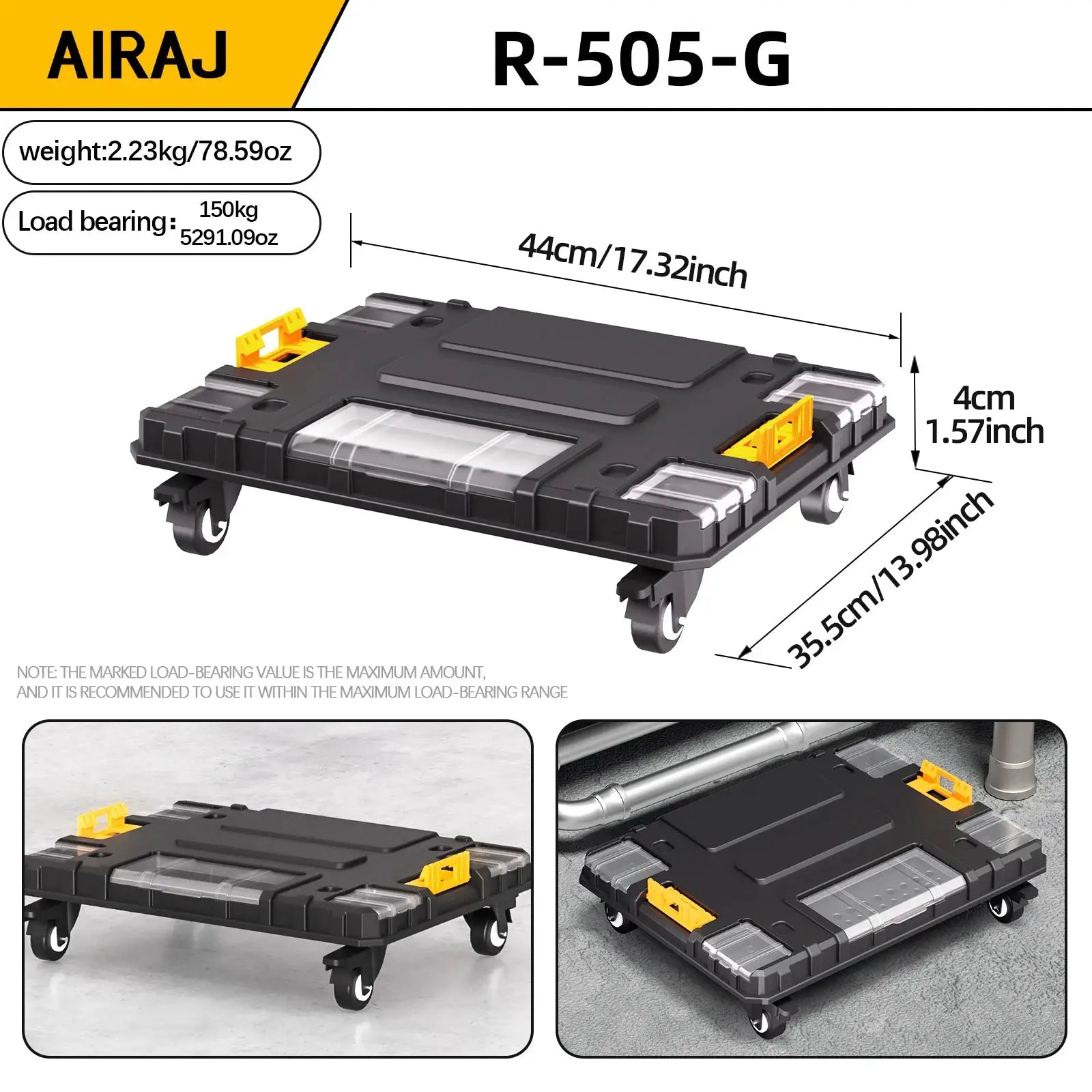 AIRAJ stackable modular toolbox with wheels; black case with yellow latches, 44cm long.