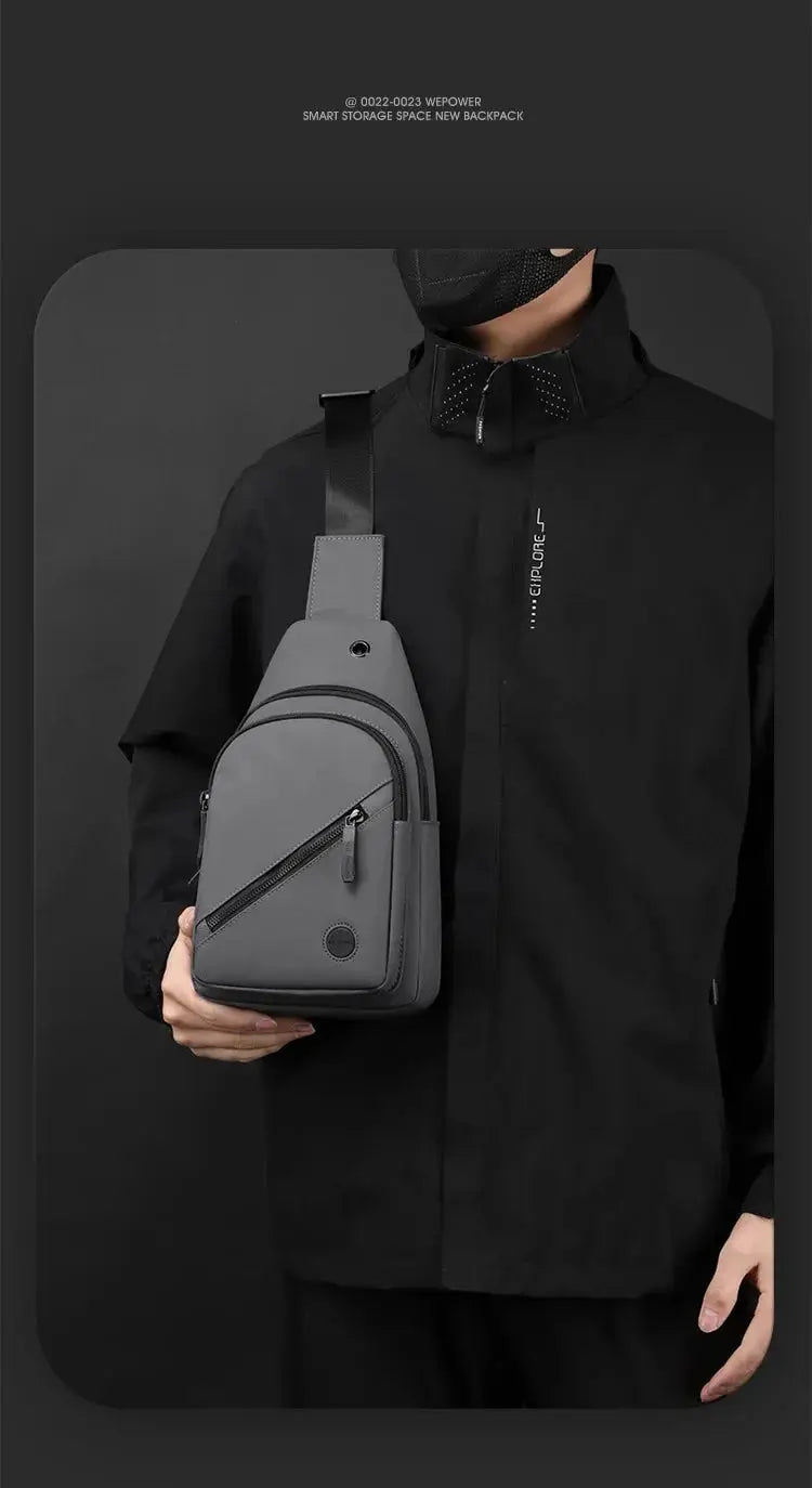 Lightweight men's chest bag by Simples Market in grey nylon with front zip pocket, crossbody sling