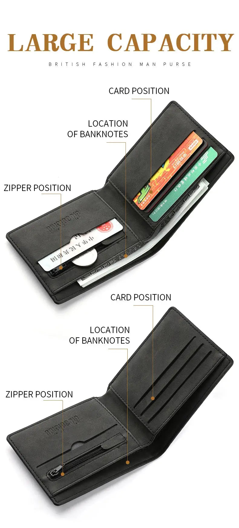 Men's black leather wallet with zipper pocket, card slots, and short dollar clip; lightweight open and closed views