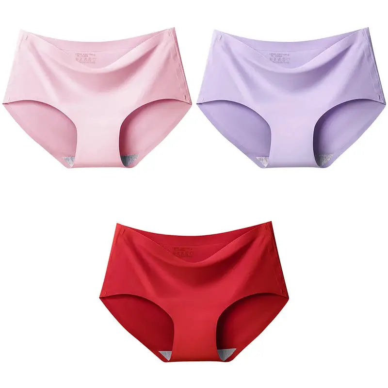 AOTOLK 3Pcs XXL seamless women’s mid-waist panties set Simples Market pink, lavender, red ice-silk