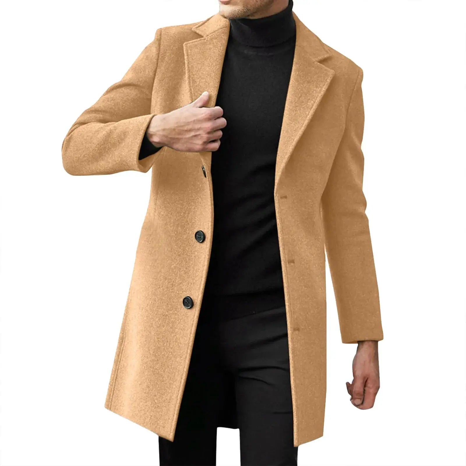 Men's camel wool-blend trench coat, Simples Market, worn over black turtleneck.