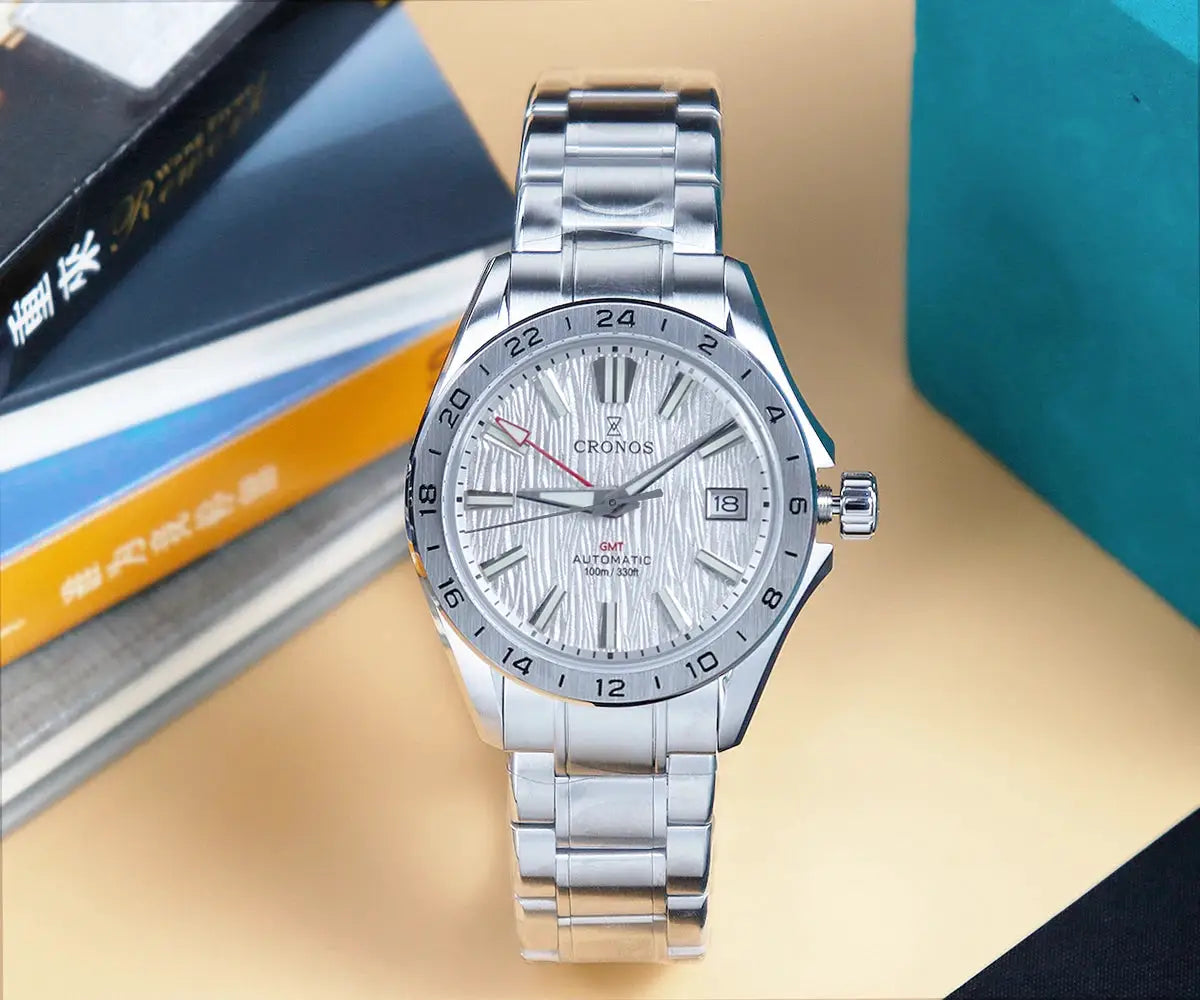 Cronos GS Mechanical Men Watch by Simples Market, 39mm stainless steel bracelet with birch-pattern dial, GMT automatic