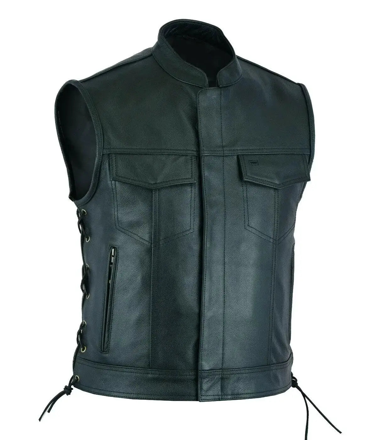 Leather motorcycle vest for men with stand collar, two front flap pockets, and lace-up sides