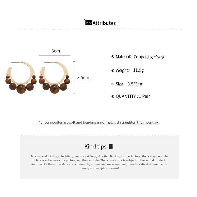 Flower Resin Stud Earrings Brown Vintage Tigers Eye Stone C Shaped Design Women Square Rhinestones Jewelry Daily Wear