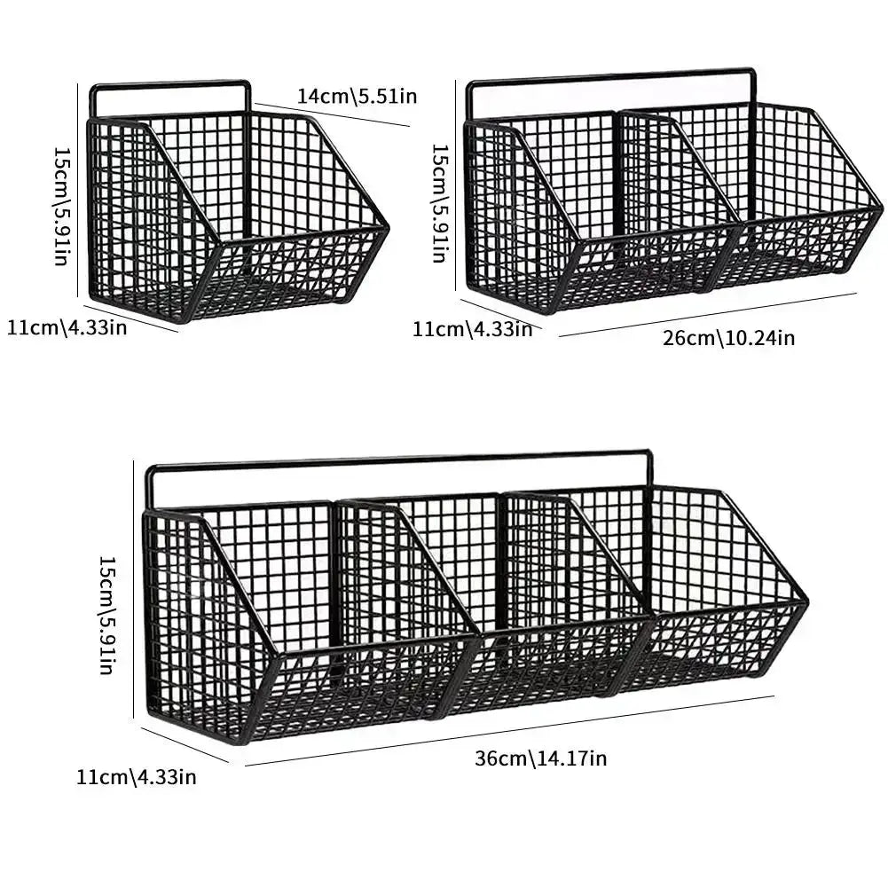 Wall-mounted metal wire kitchen storage basket set by Simples Market, with 1–3 compartments for spices, garlic, onions.