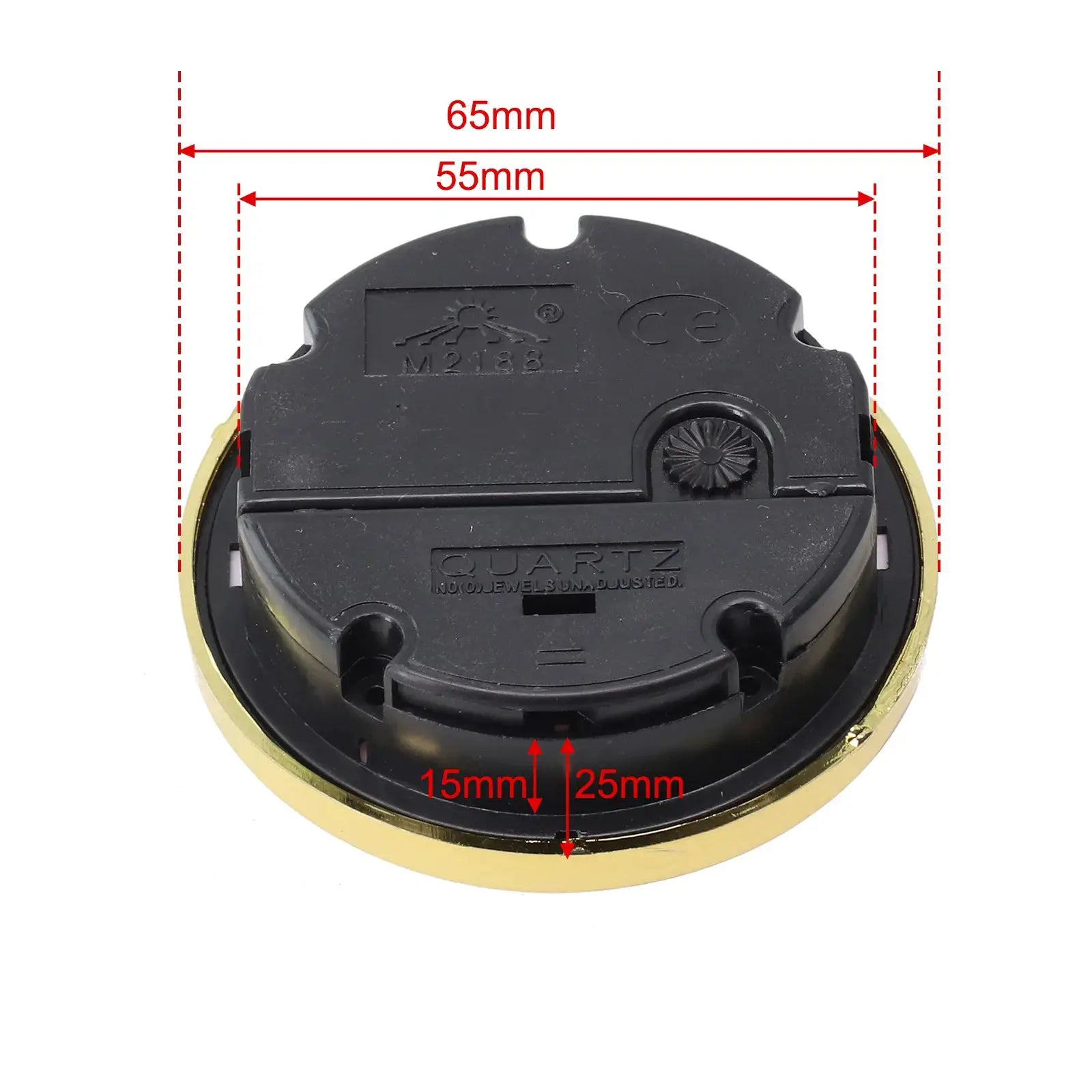 65mm round quartz clock movement insert with black housing and gold rim