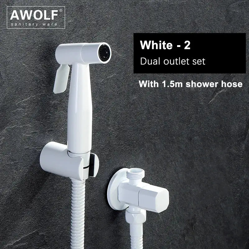 Handheld bidet sprayer head; white finish, dual-outlet 2-piece set with 1.5m hose by Simples Market.