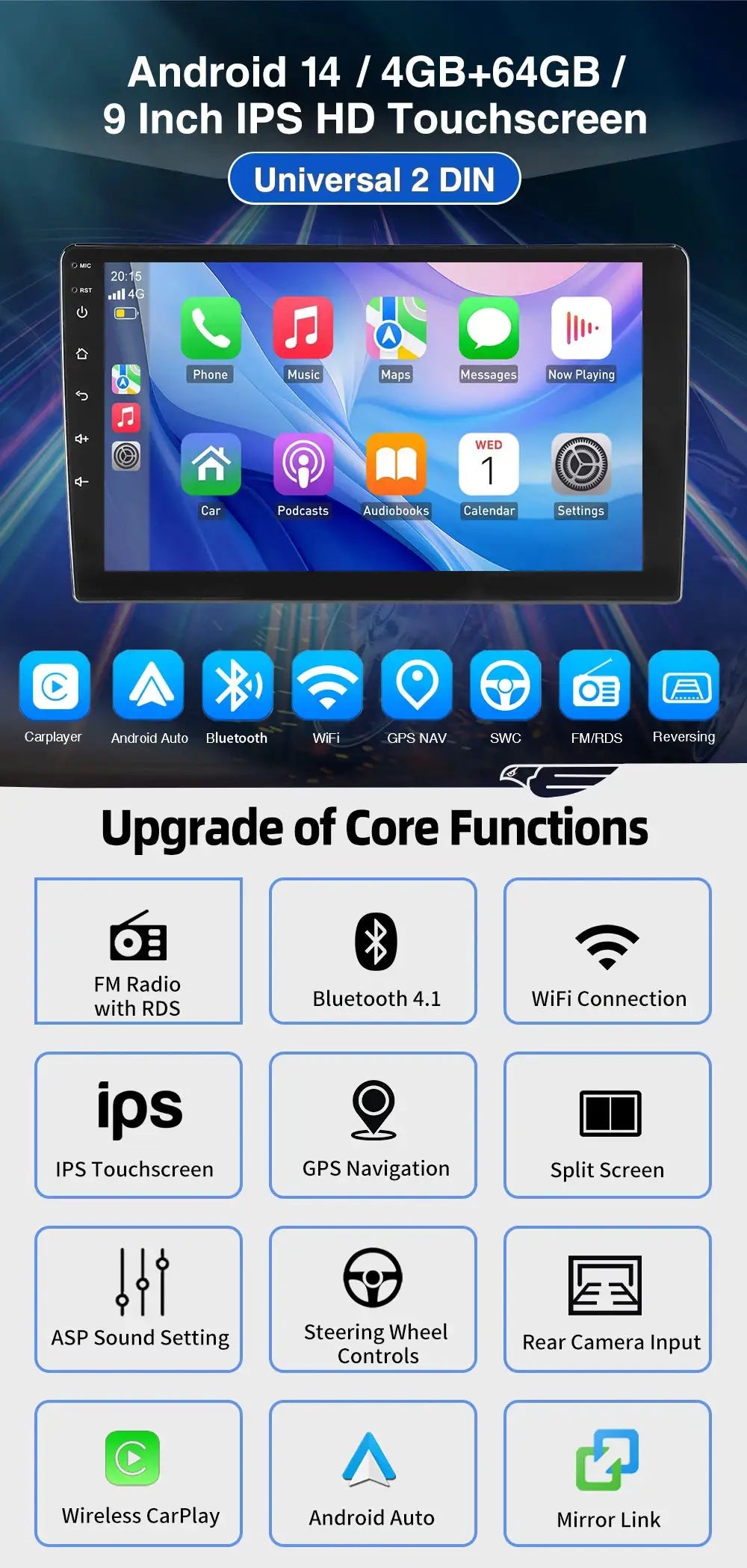 Simples Market ESSGOO 9-inch Android 14 2-DIN car stereo with CarPlay, Android Auto, Bluetooth, GPS