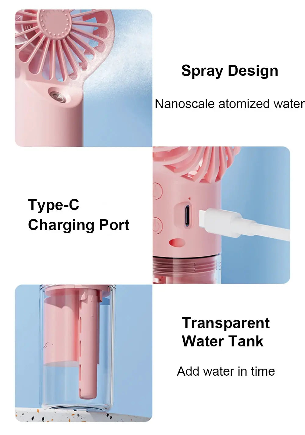 Simples Market pink portable handheld spray fan with 4 speeds, Type-C charging, transparent water tank.