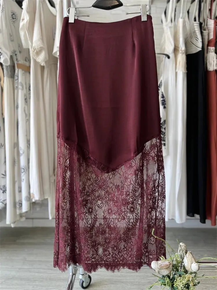 Trendix Patchwork Lace High Waist Hollow Out Maxi Skirt For Women Autumn Brown Boho Party Fashion