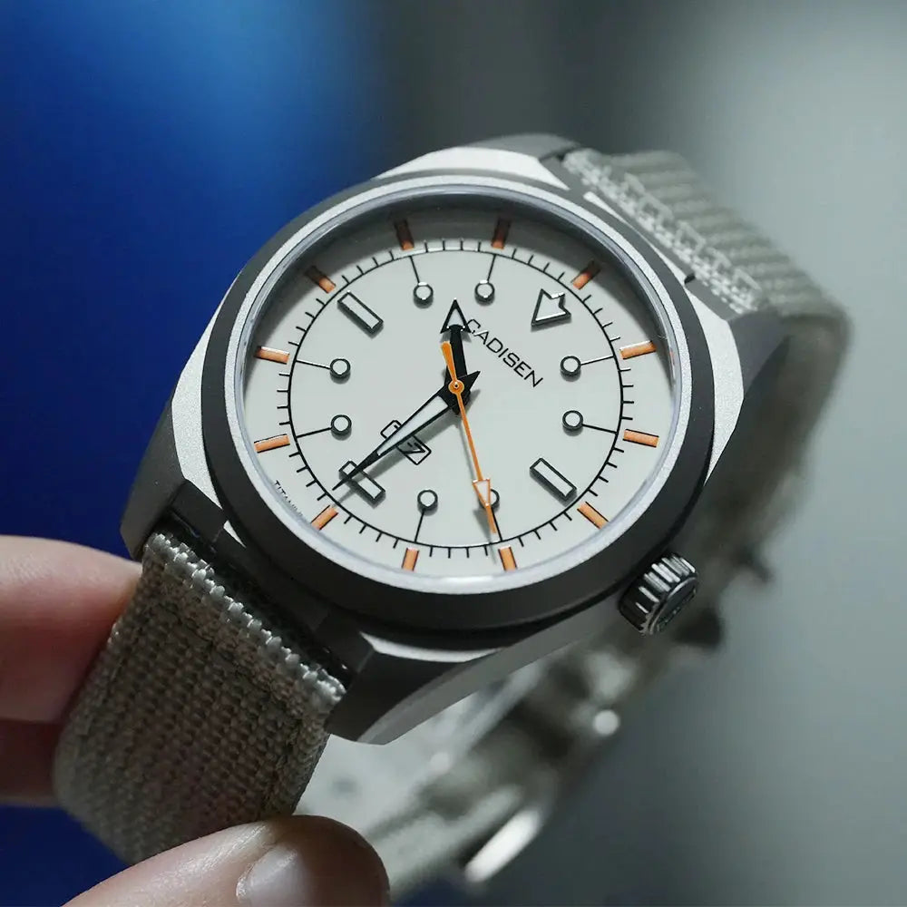 CADISEN TI-7 automatic wristwatch with titanium steel case, gray dial, orange hour markers, and canvas strap