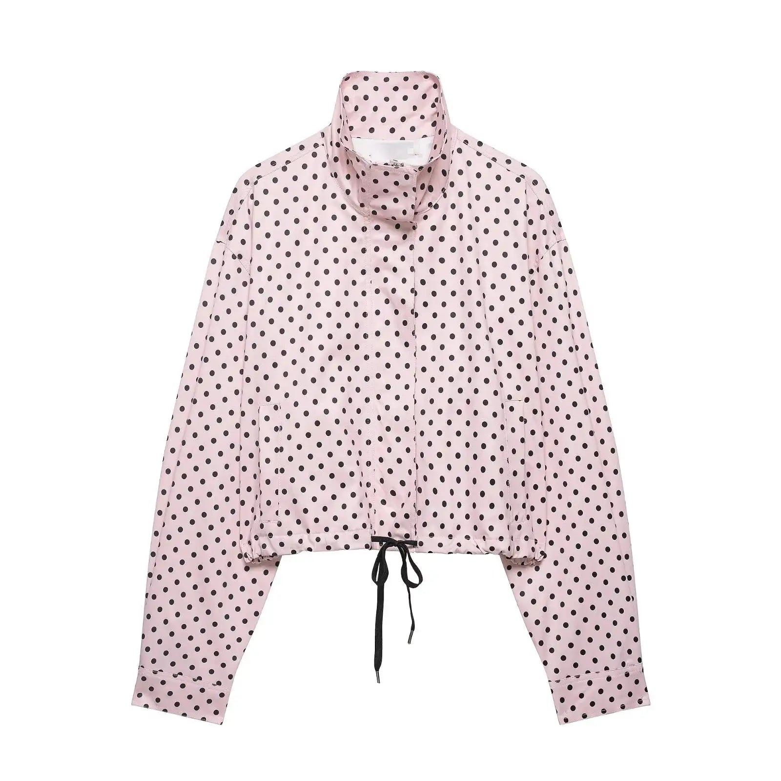 Women's Polka Dot Print Short Coat With Zipper Front Turtleneck Pockets And Drawstring Waist