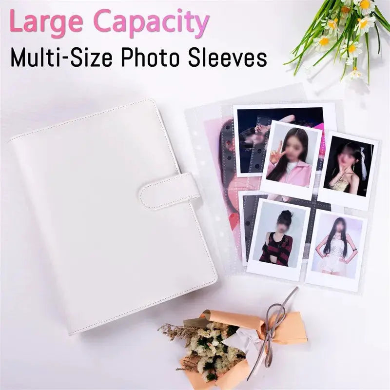White PU leather A5 photocard binder with snap closure and 25-page, four-grid photo sleeves