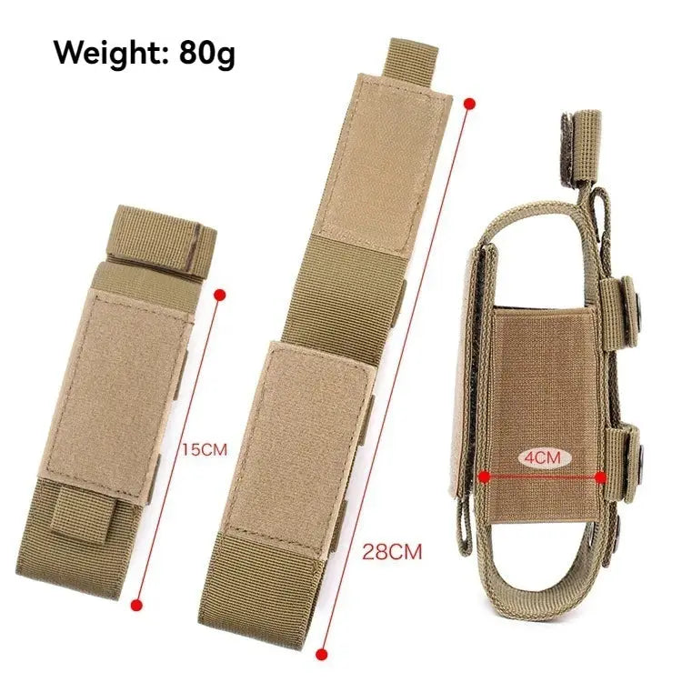 Outdoor tourniquet bag by Simples Market in tan with hanging strap and Velcro pouch, 28 cm long.