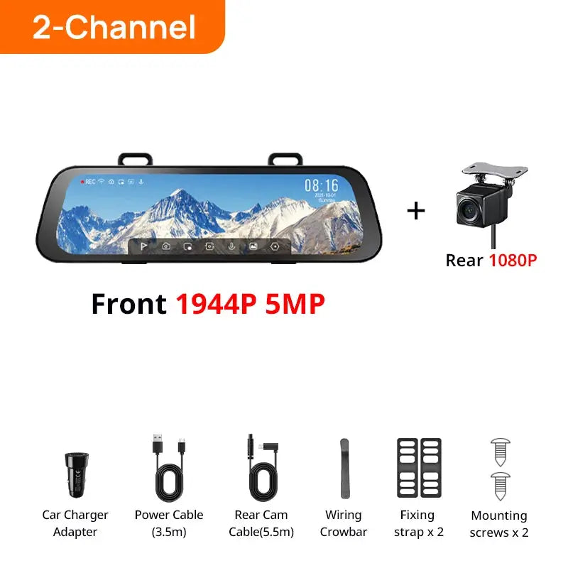 2-Channel dash cam mirror with front 1944P 5MP and rear 1080P camera; includes 6 accessories