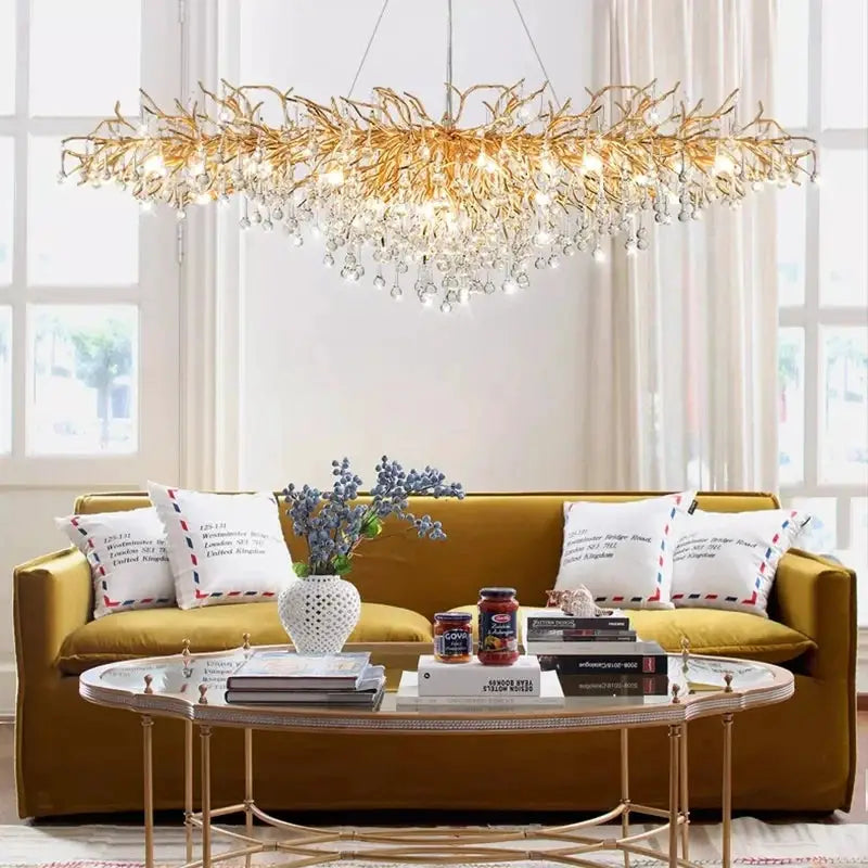 Royal Nordic luxury crystal chandelier with gold chrome finish and dangling water-drop crystals