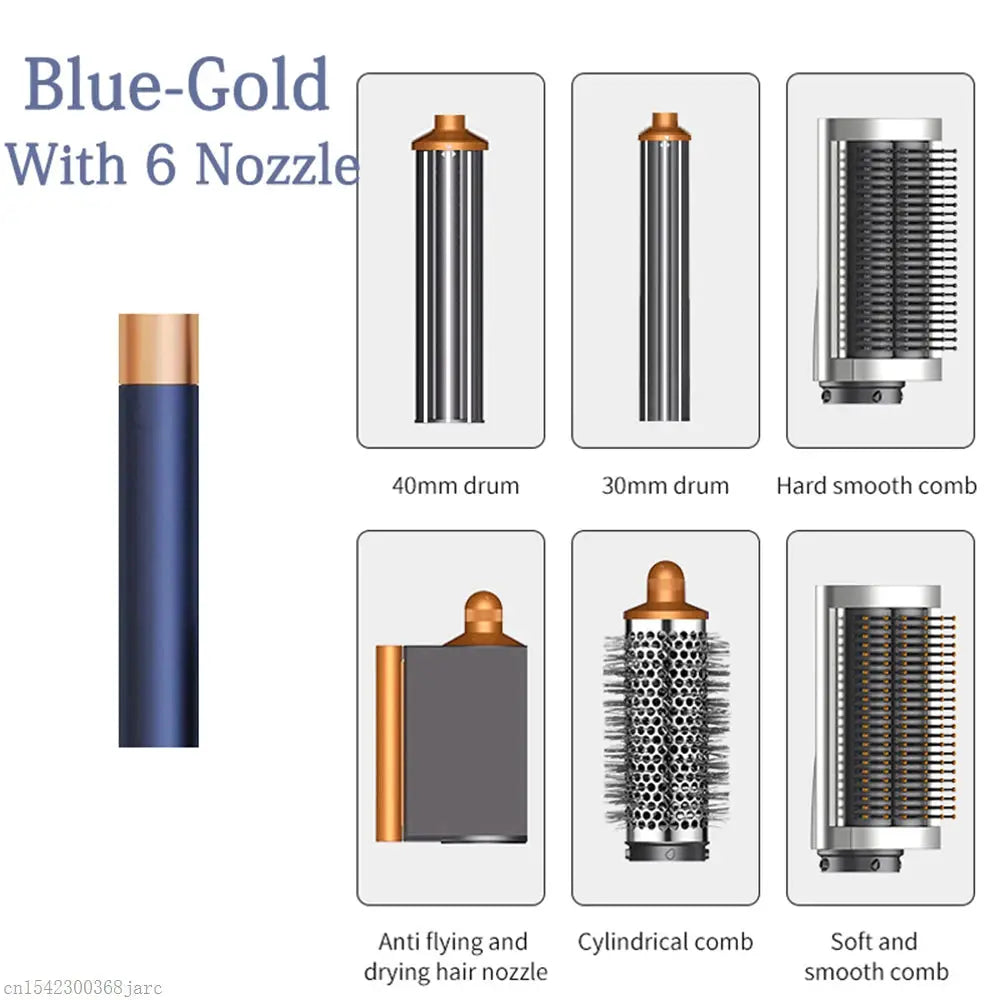 SenCiciMen X9 multi hair styler with 6 attachments: 40mm/30mm drums, combs, nozzle; blue body with copper cap.