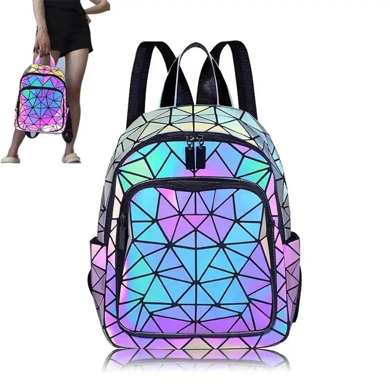 Simples Market luminous backpack with iridescent holographic geometric pattern in PVC