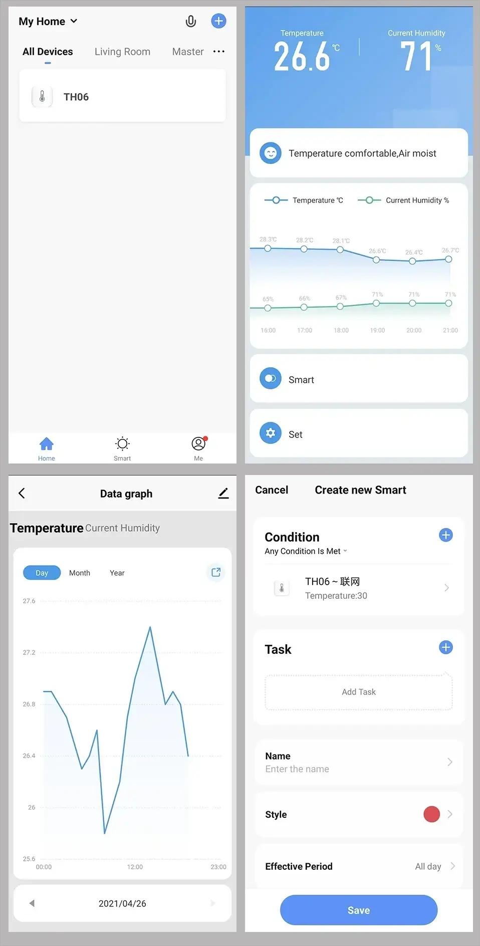 Tuya WiFi Temperature Humidity Sensor app dashboard in blue by Simples Market showing 26.6°C and 71% humidity with graphs