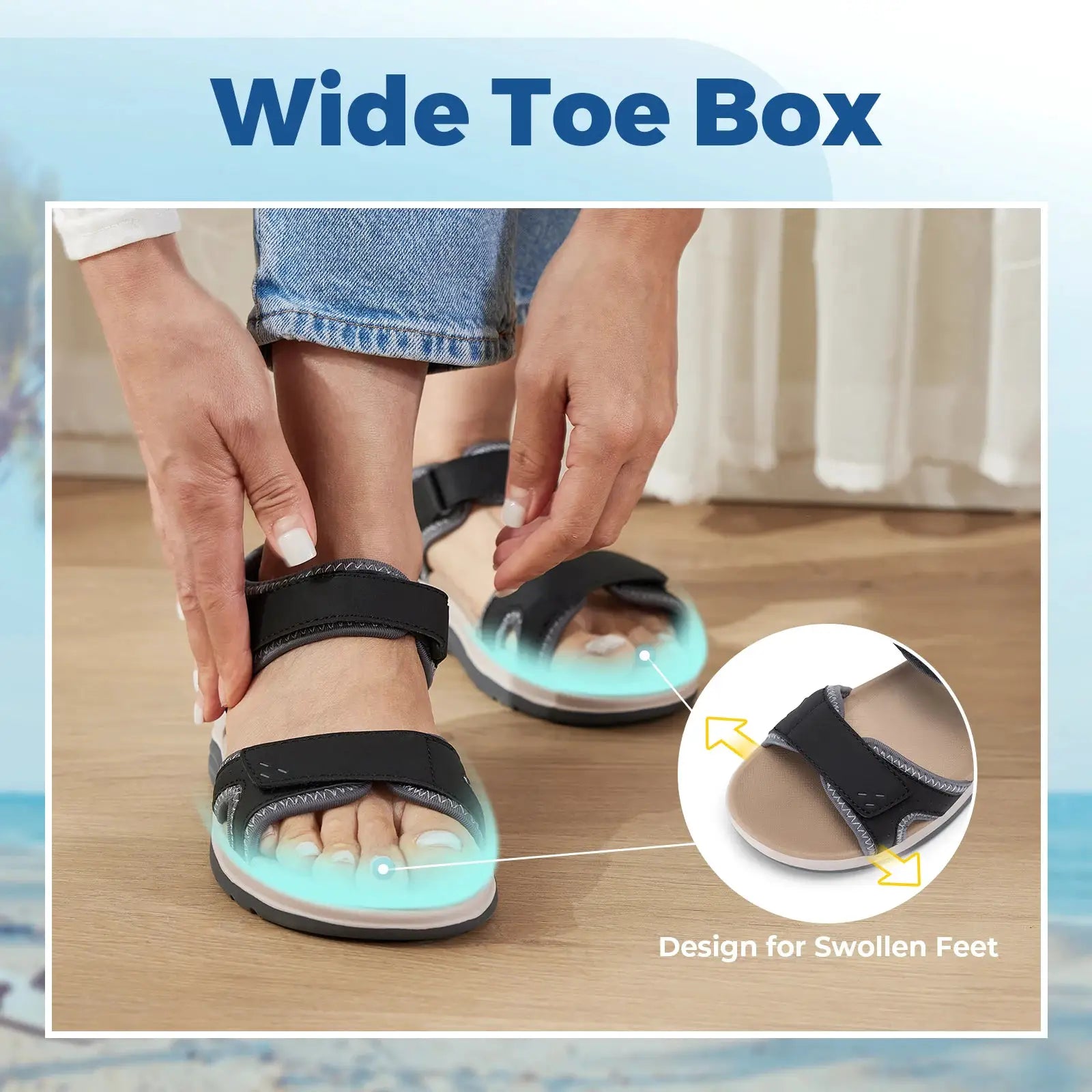 FitVille women's orthopedic sandals with adjustable ankle strap, open toe, wide toe box, black straps