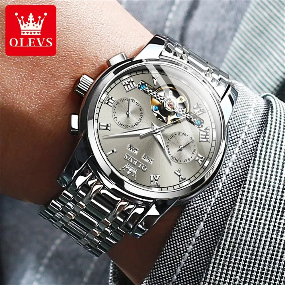 Watch OLEVS 6607 stainless steel skeleton automatic with flywheel and dual calendar for men, Simples Market