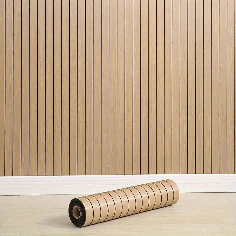 3D Textured Grid Wall Panels peel-and-stick wallpaper by Simples Market, beige wood grain vertical slat pattern roll