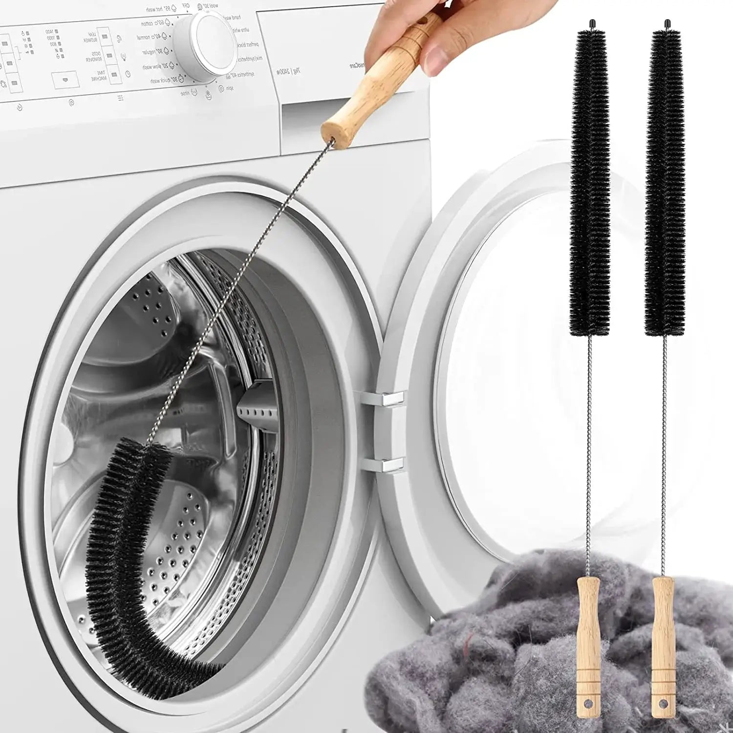 Dryer vent cleaner kit with long flexible brush and two black bristle vent brushes