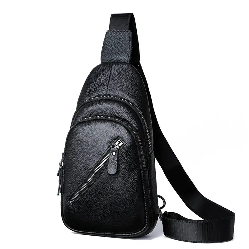 Leather men’s chest bag by Simples Market, black crossbody with front zip pocket.