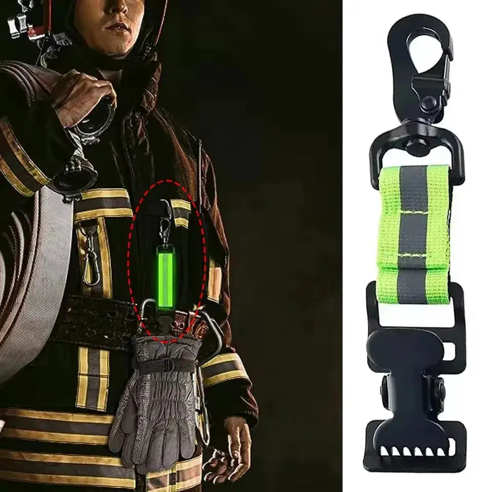 Portable firefighter glove strap with neon green keeper clip, universal hanger, and durable mitten clips.