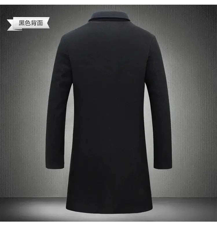 Men's black wool overcoat by Simples Market, back view, mid-length trench coat