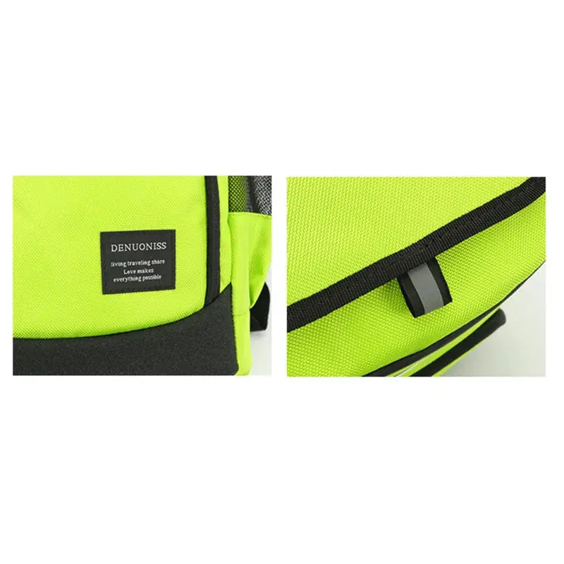 Refrigerator insulated cooler backpack 30L in neon lime green with black base; Denuniss label
