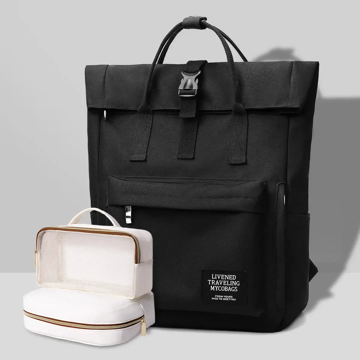 Simples Market black school backpack, large-capacity with front pocket; also a white cosmetic case beside it.
