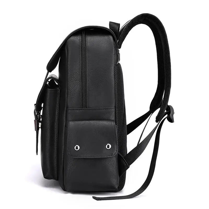 Men's black PU leather backpack with large laptop compartment and front pocket