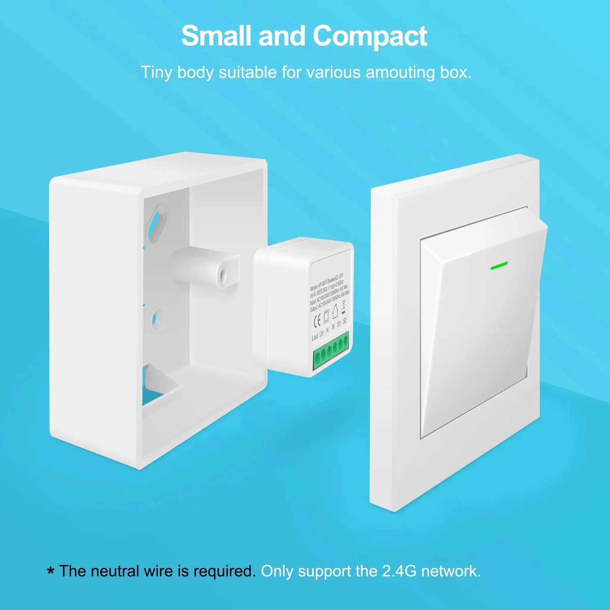 Simples Market mini 16A WiFi smart switch module with 2-way control, white