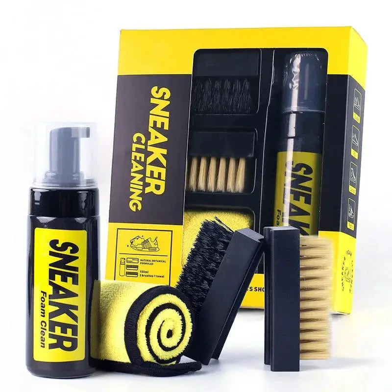 Sneaker cleaning kit with 150ml water-free foam cleaner, brushes, cloth and sponge in yellow-black packaging
