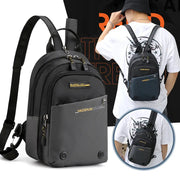 Men's small black nylon backpack with multiple compartments and HAOSHUI branding on the front pocket.