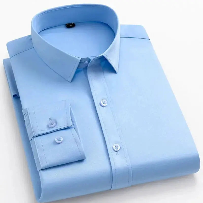 BAMBOOPLE non-iron men's blue office shirt, slim fit, folded with button-front