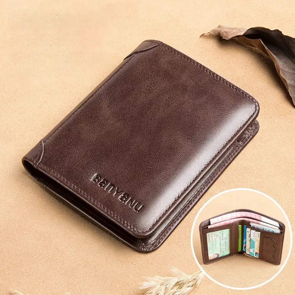 Simples Market brown PU leather RFID wallet for men, slim vertical card holder with multiple card slots