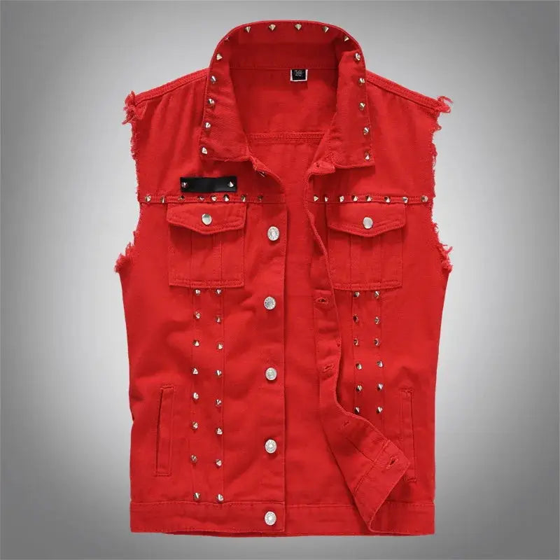 Red denim sleeveless vest with silver studs, buttoned front, chest pockets and distressed edges; Simples Market
