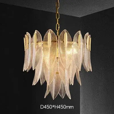 French Romantic glass chandelier pendant lamp with leaf-shaped glass panels in warm amber tones, chain-hung.