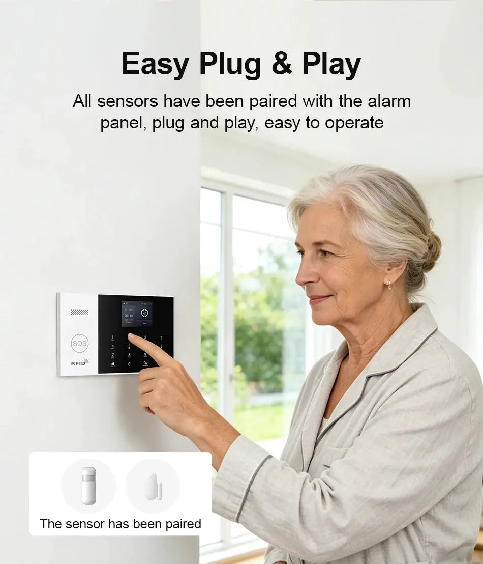 PGST WiFi 2G GSM home alarm system kit by Simples Market with wall-mounted touchscreen panel and SOS/RFID control unit