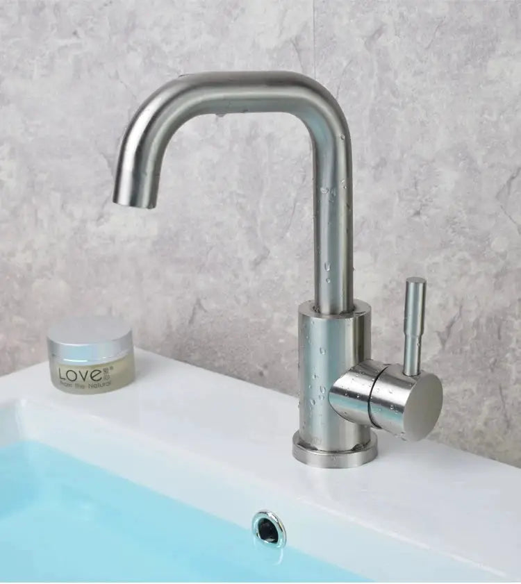 304 stainless steel bathroom basin faucet with gooseneck spout and single lever handle.