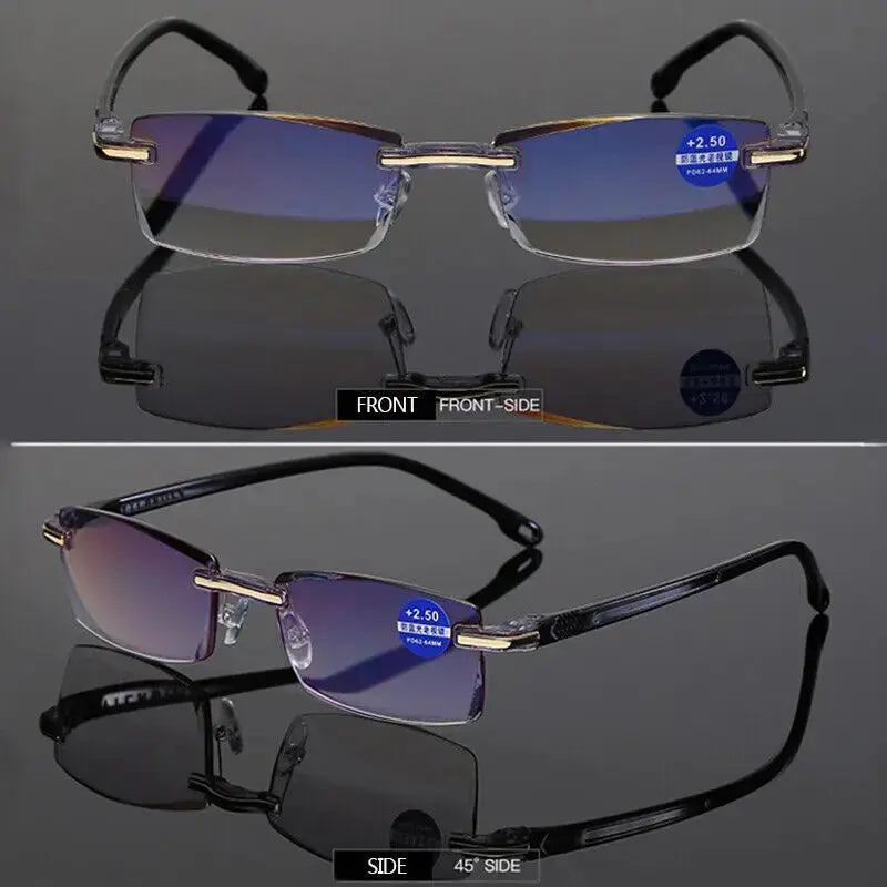 Klassnum 2025 Rimless Reading Glasses for Men and Women Ultralight Retro Square Eyewear Anti Blue Light