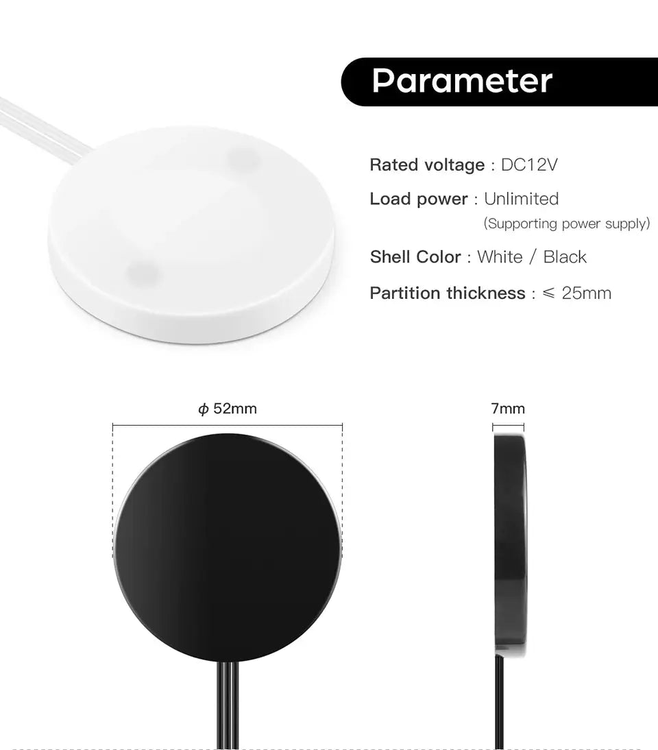 Simples Market round touch light dimmer switch, white/black finishes, 52mm diameter, 12V LED under-cabinet