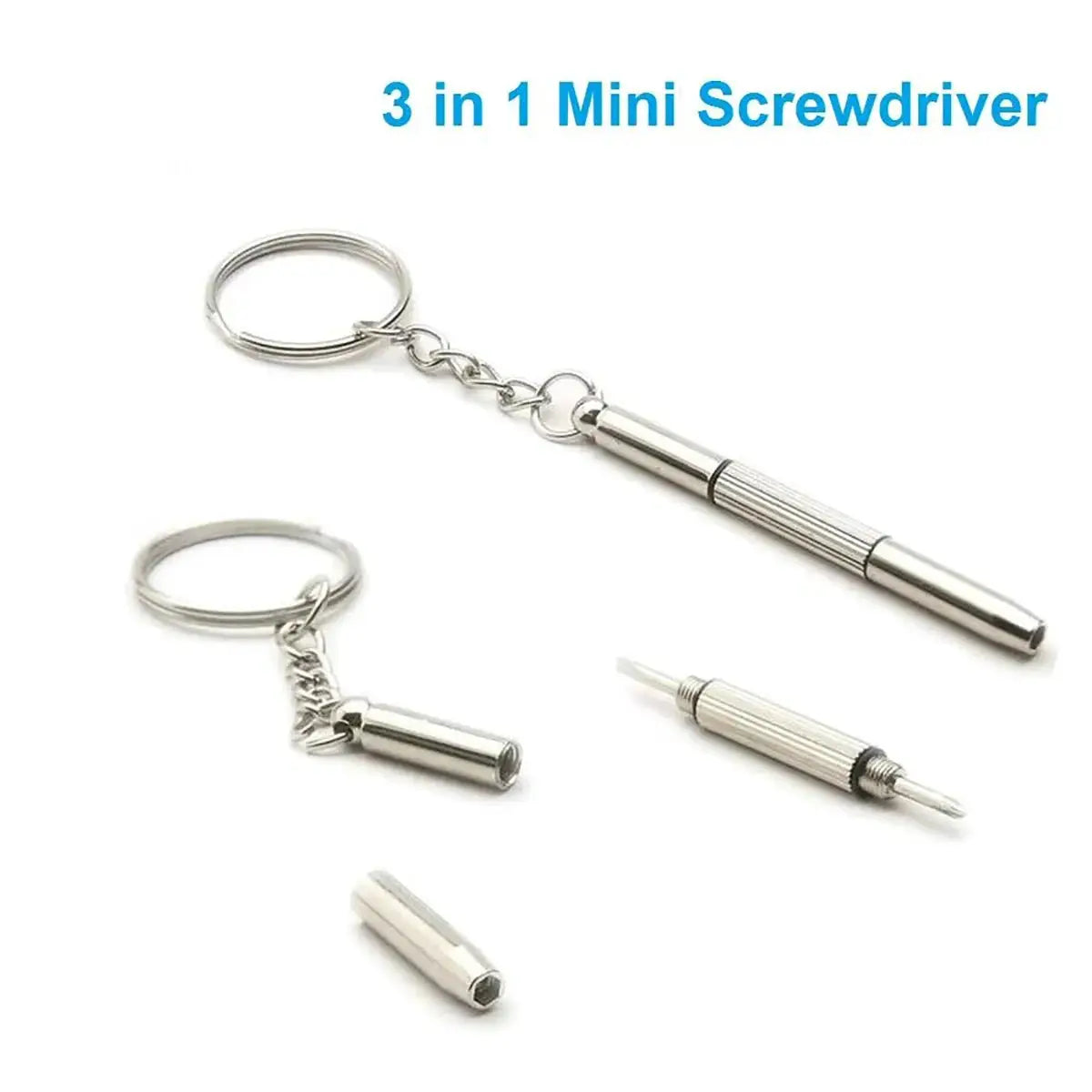 Simples Market 4-piece 3-in-1 mini screwdriver keychain with eyeglass and watch bits, stainless steel
